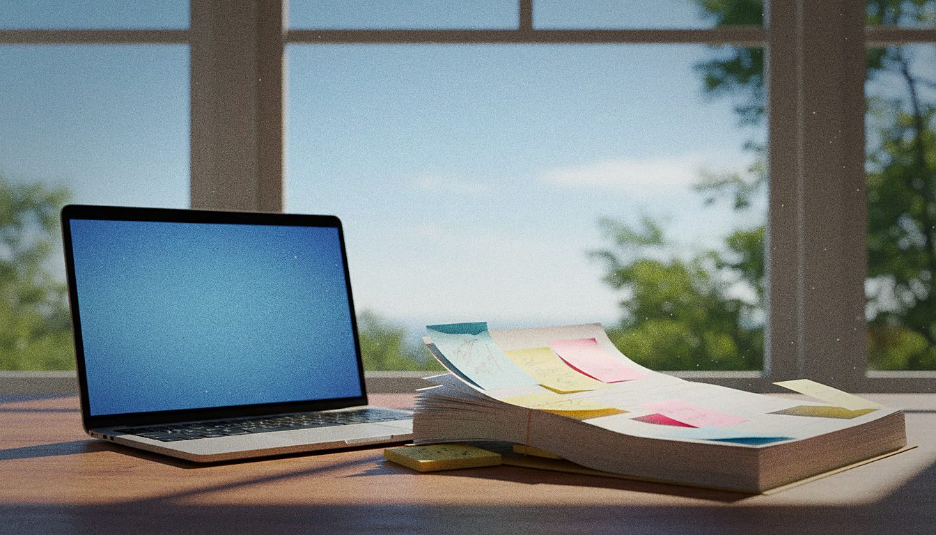 A grant proposal document with sticky notes and a laptop on a wooden desk