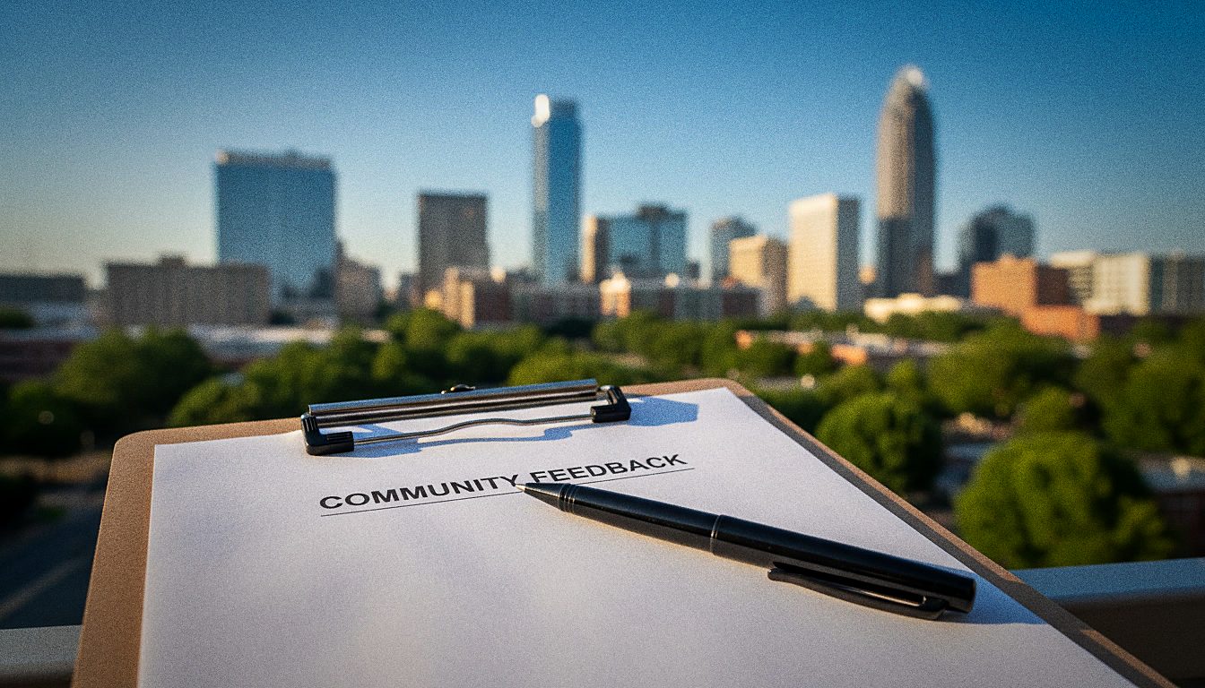 A clipboard with a community survey form and a pen resting on top