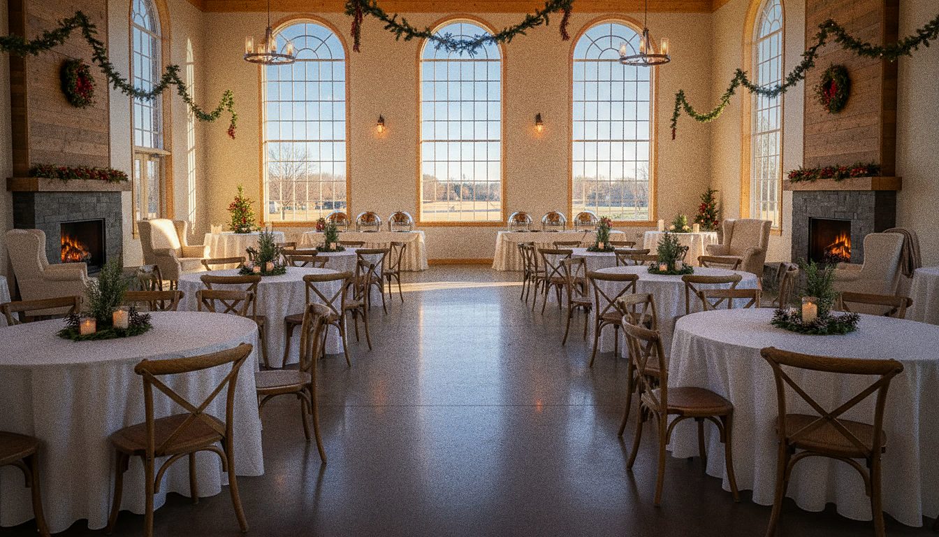 A large indoor community hall set up for a winter gathering with warm lighting